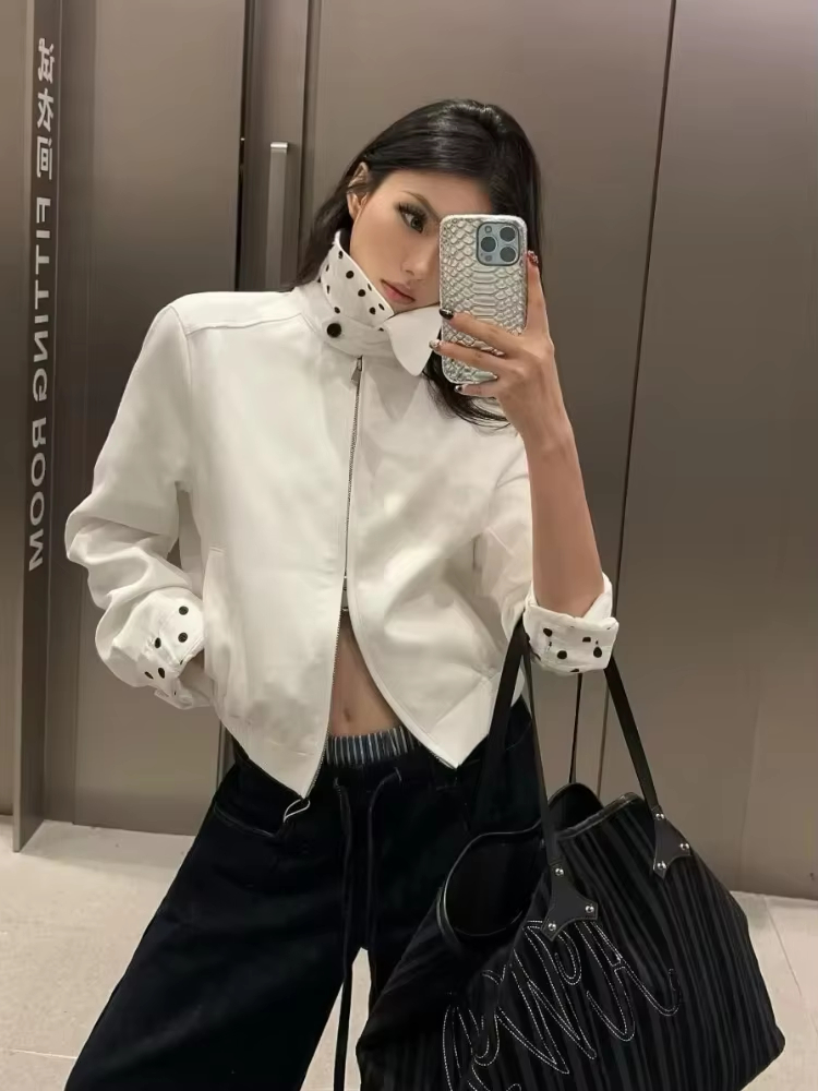 Women'S Fashion Quarter Zip - 위스퍼 루미 폴카 도트 스탠드 칼라