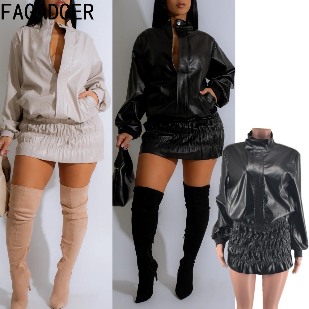 Women'S Fashion Quarter Zip - FAGADOER 펑크 가죽 2 피스 세트,
