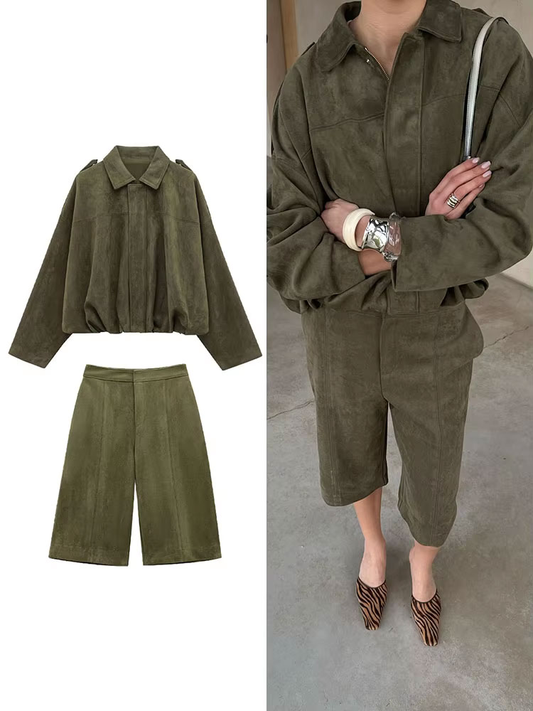 Women'S Fashion Bomber Jacket - 여성 스트릿 패션 스웨이드 질감 반바지