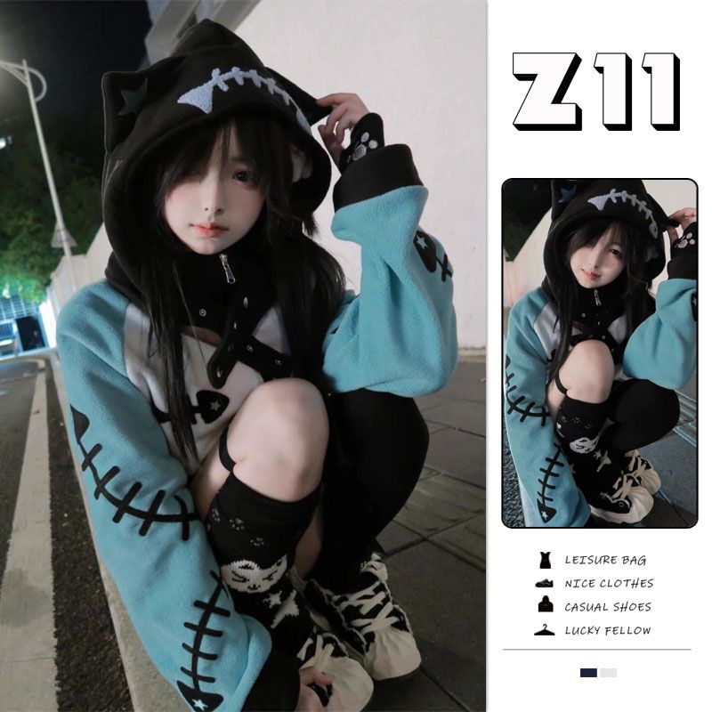 Hoodie Women Oversized - 고딕 스타일의 대비되는 색상, 물고기 뼈