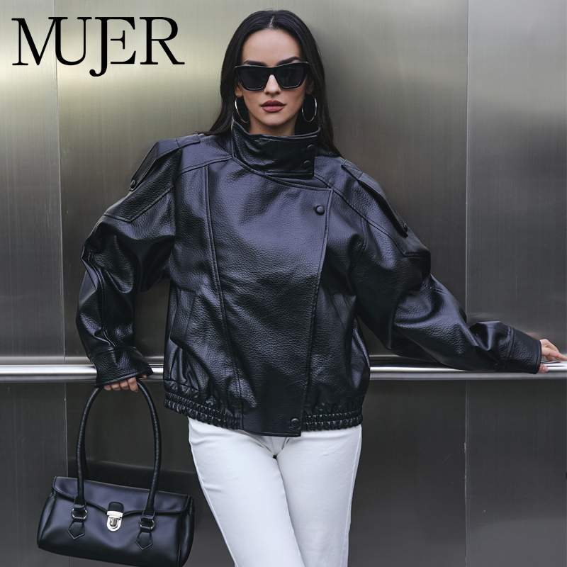 Women'S Fashion Bomber Jacket - MUJER 인조 가죽 여성 자켓 블랙