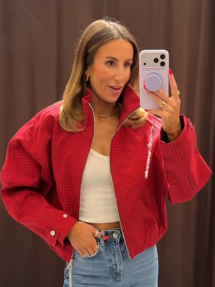 가을 여성용 플레이드 봄버 재킷 신상 스탠드 칼라 포켓 - Women'S Fashion Bomber Jacket 리뷰 및 가격