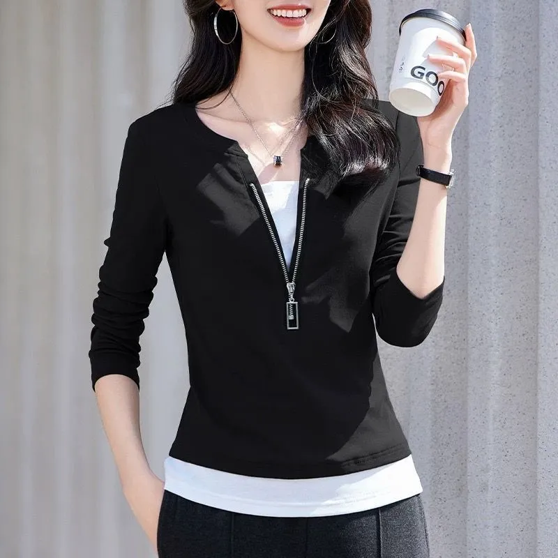 여성 패션 브이넥 지퍼 긴팔 페이크 투피스 블라우스 2 - Women'S Fashion Quarter Zip 리뷰 및 가격