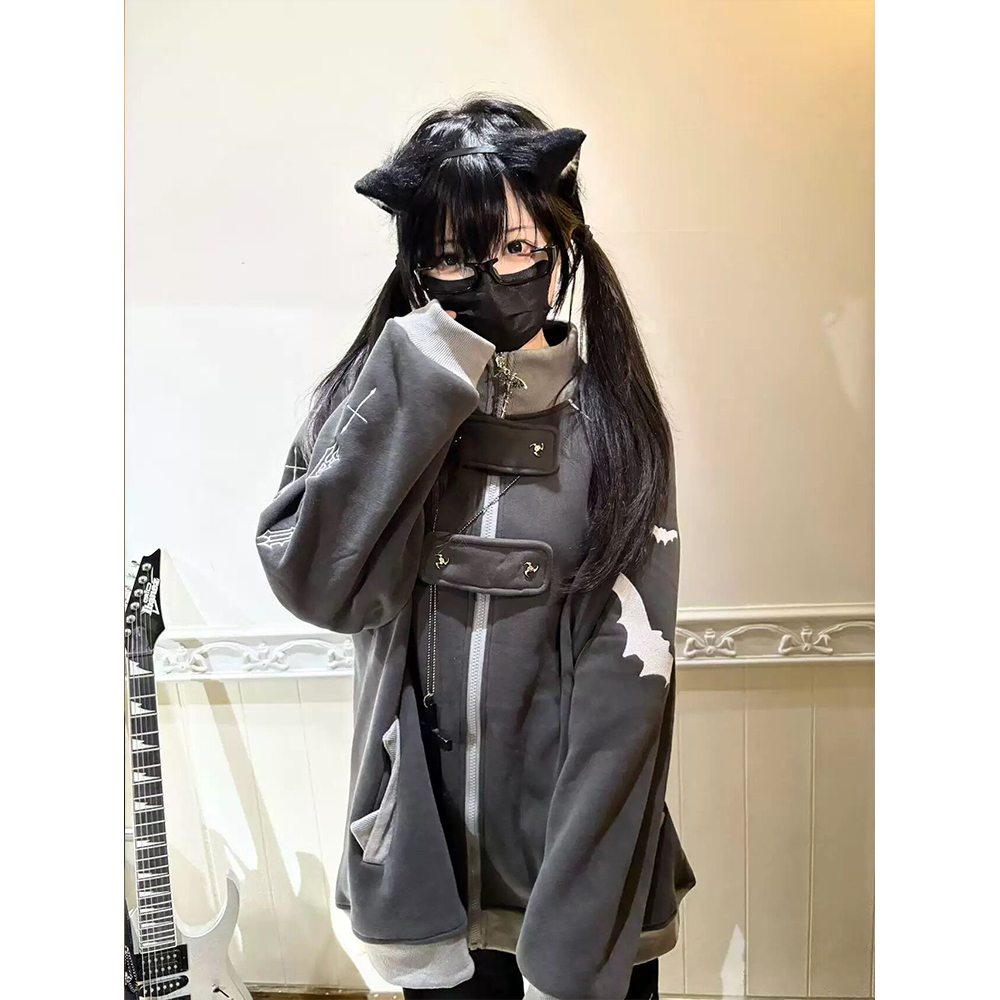 Y2K 고딕 스타일 지퍼업 후드티 여성용 배트 콘트라스 - Hoodie Women Oversized 리뷰 및 가격