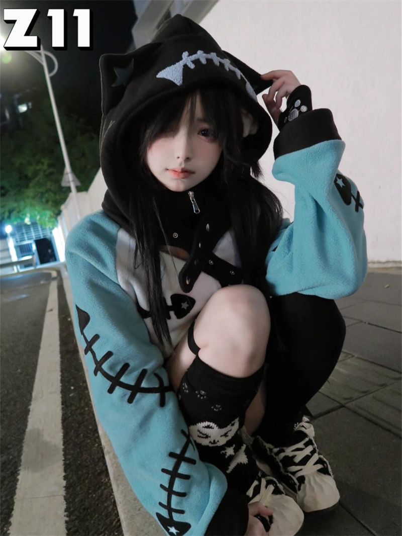 고딕 스타일의 대비되는 색상, 물고기 뼈 모양 패턴,  - Hoodie Women Oversized 리뷰 및 가격