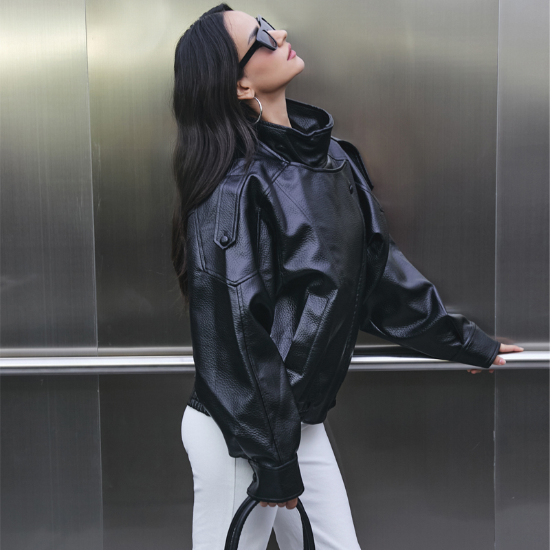 MUJER 인조 가죽 여성 자켓 블랙 오버사이즈 봄버  - Women'S Fashion Bomber Jacket 리뷰 및 가격